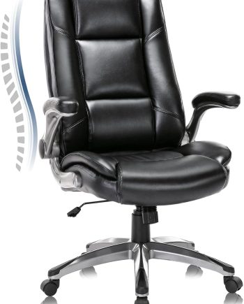 Leather Executive Office Chair - High Back Home Computer Desk Chair with Padded Flip-up Arms, Adjustable Tilt Lock, Swivel Rolling Ergonomic Chair for Adult Working Study, Black