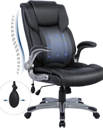 High Back Executive Office Chair- Ergonomic Home Computer Desk Leather Chair with Padded Flip-up Arms, Adjustable Tilt Lock, Swivel Rolling Chair for Adult Working Study-Black