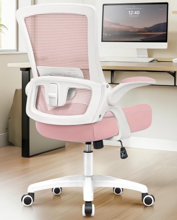 Office Desk Chair Computer High Back Mesh Gaming Seat with Ergonomic Adjustable Comfy Flip-up Armrests Lumbar Support Height for Home (Pink)