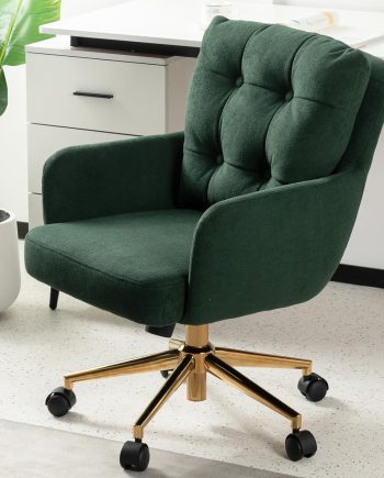 Velvet Office Chair, Comfy Home Office Desk Chairs with Lumbar Support, Modern Velvet Desk Chair Gold Legs Small Swivel Task Chair for Home Office, Bedroom, Study (Green, L)