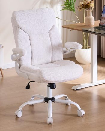 Executive Office Chair, Comfy Fabric Cloth Computer Chair Ergonomic Desk Chairs with Flip-up Armrests, Lumbar Support, 360° Swivel and Rocking Function for Home Office Chairs, White