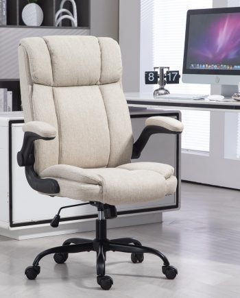 Office Chair High Back Ergonomic Executive Computer Desk Chair Comfortable Fabric Padded Home Office Desk Chairs with Flip-up Arm Rest Adjustable Height Swivel Wheels (Beige)