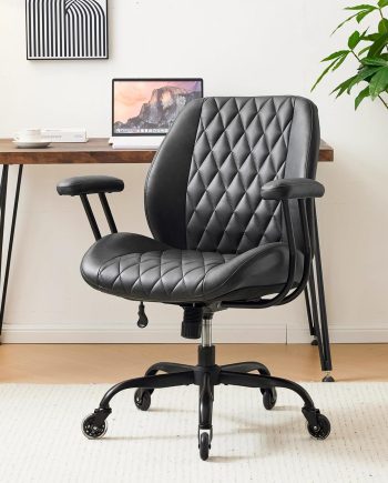 Home Office Desk Chair Office Rubber Casters Ergonomic Computer Chair with Lumbar Support Adjustable Height Rolling Swivel Executive Task Armrests Chair， Black PU