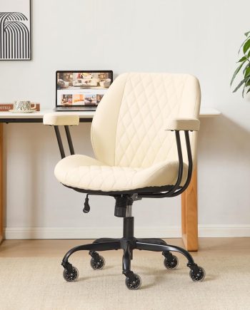 Home Office Desk Chair Office Rubber Casters Ergonomic Computer Chair with Lumbar Support Adjustable Height Rolling Swivel Executive Task Armrests Chair， Cream Leather