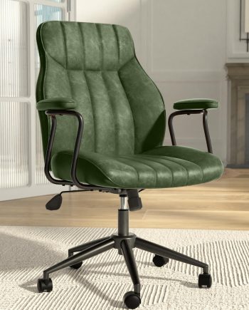 Green Leather Office Desk Chair with Wheels and Arms, Height Adjustable, Vintage, Mid Century Modern Style