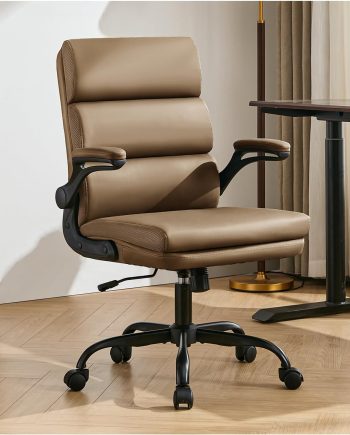 Office Chair Adjustable Desk Chair Mid Back Executive Comfortable Bonded Leather Ergonomic Back Support Home Computer Chairs with Padded Flip-up Armrest Swivel Wheels (Tan)