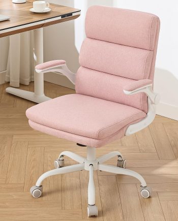Office Chair Adjustable Desk Chair Mid Back Executive Comfortable Fabric Ergonomic Back Support Home Computer Chair with Padded Flip-up Armrest Swivel Wheels (Pink)