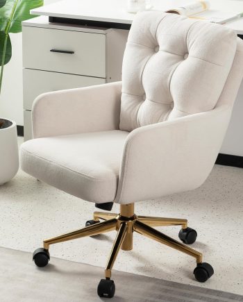 Velvet Office Chair, Comfy Home Office Desk Chairs with Lumbar Support, Modern Velvet Desk Chair Gold Legs Small Swivel Task Chair for Home Office, Bedroom, Study (Beige, L)