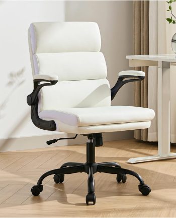 Office Chair Adjustable Desk Chair Mid Back Executive Comfortable Bonded Leather Ergonomic Back Support Home Computer Chair with Padded Flip-up Armrest Swivel Wheels (White)