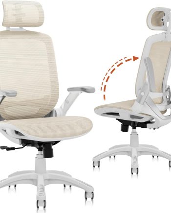 Ergonomic Office Chair, High Back Home Desk Chair with Headrest, Flip-Up Arms, 90-120° Tilt Lock and Wide Cushion, 400LBS Mesh Chairs for Man Woman, White Task Chair(Beige,GY01WBG)