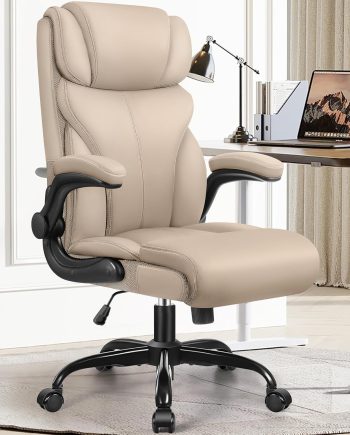 Office Chair, Ergonomic Big and Tall Computer Desk Chairs, Executive Breathable Leather Chair with Adjustable High Back Flip-up Armrests, Lumbar Support Swivel PC Chairs with Rocking Function