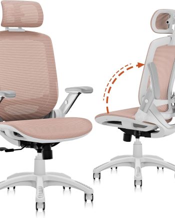 Ergonomic Office Chair, High Back Home Desk Chair with Headrest, Flip-Up Arms, 90-120° Tilt Lock and Wide Cushion, 400LBS Mesh Chairs for Man Woman, White Task Chair(Pink,GY01WPK)