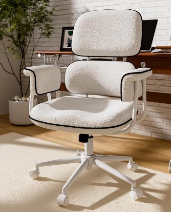 Fabric Office Chair with Granular Linen, Mid Back Vintage Desk Chair with Wheels and Wide Arms, Mid Century Modern Home Office Desk Chairs with Memory Foam Seat Cushion, Adjustable Height, White