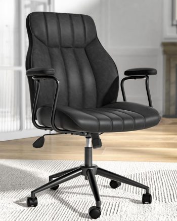 Black Leather Office Desk Chair with Wheels and Arms, Height Adjustable, Vintage, Mid Century Modern Style