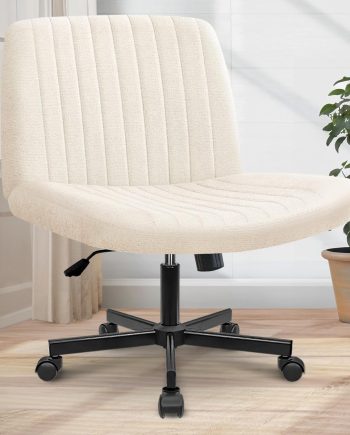 Criss Cross Chair Wheels Wide Cross Legged Office Desk Vanity Chair Comfy Fabric Armless Adjustable Swivel for Home Computer Task (Beige)