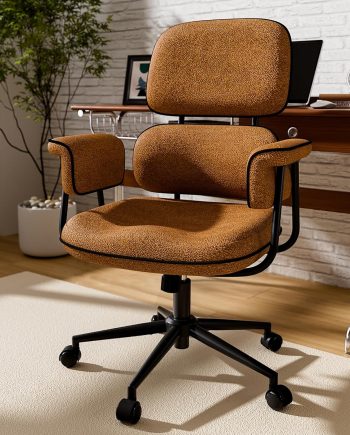 Fabric Office Chair with Granular Linen, Mid Back Vintage Desk Chair with Wheels and Wide Arms, Mid Century Modern Home Office Desk Chairs with Memory Foam Seat Cushion, Adjustable Height, Brown
