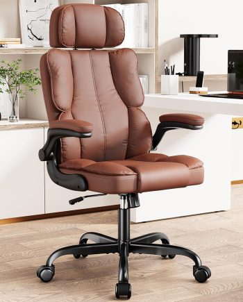 Executive Leather Office Chair, Computer Chair with Thick Cushion & Lumbar Support, Ergonomic Desk Chair with Adjustable Headrest & Armrests,Brown