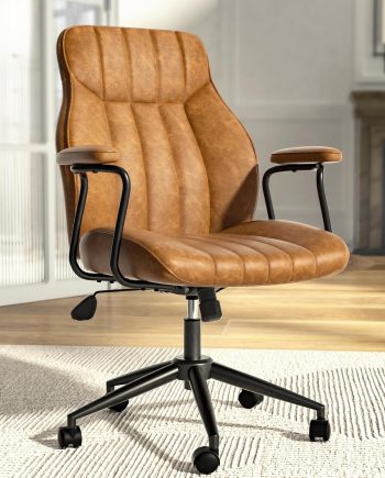 Brown Leather Office Desk Chair with Wheels and Arms, Height Adjustable, Vintage, Mid Century Modern Style