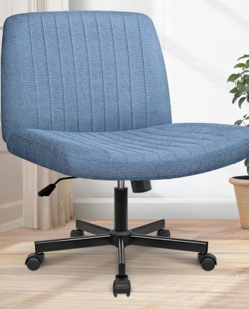 Criss Cross Chair Wheels Wide Cross Legged Office Desk Vanity Chair Comfy Fabric Armless Adjustable Swivel for Home Computer Task (Blue)